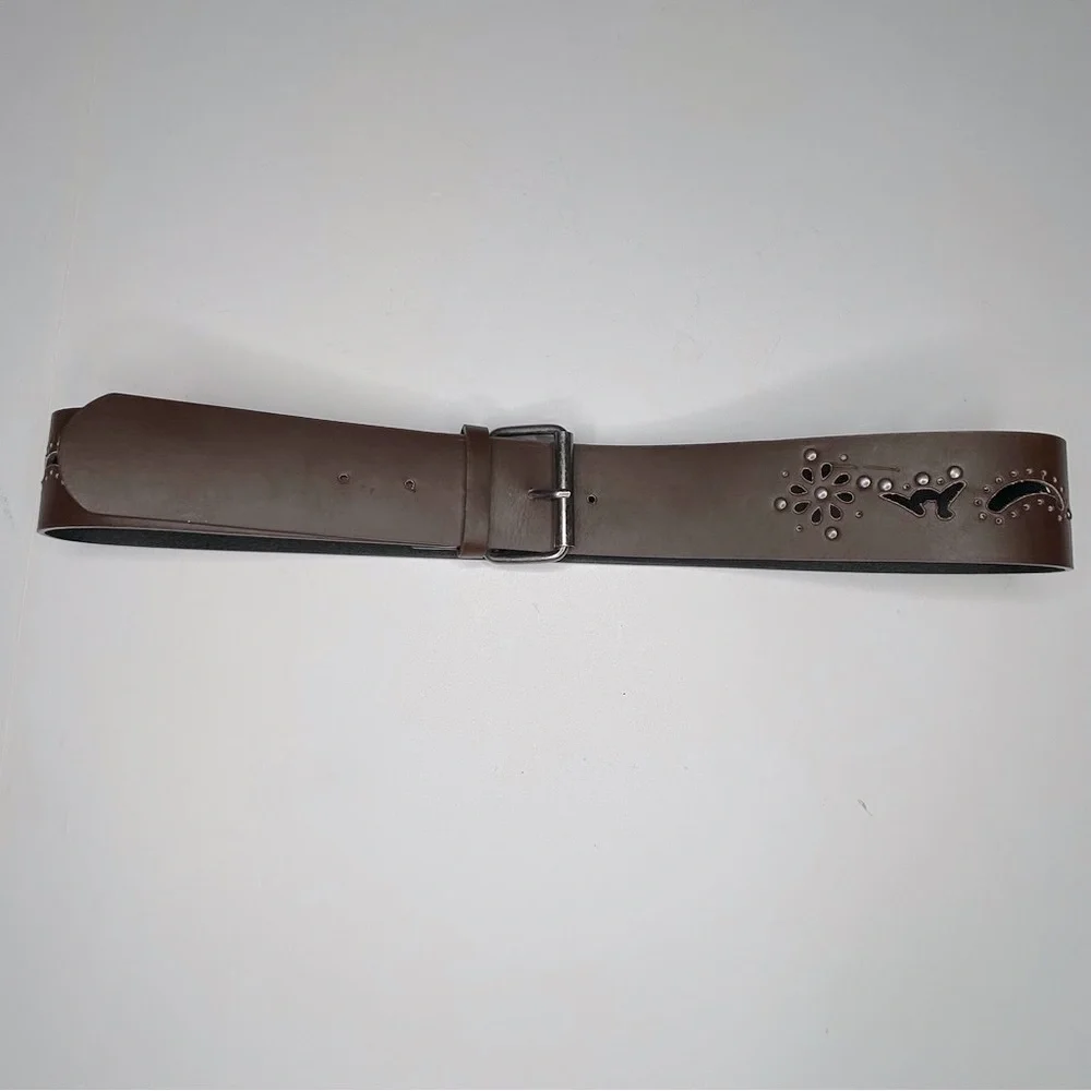 Moroccan Boutique Laser Cut Leather Belt with Floral Accents and Studs Western